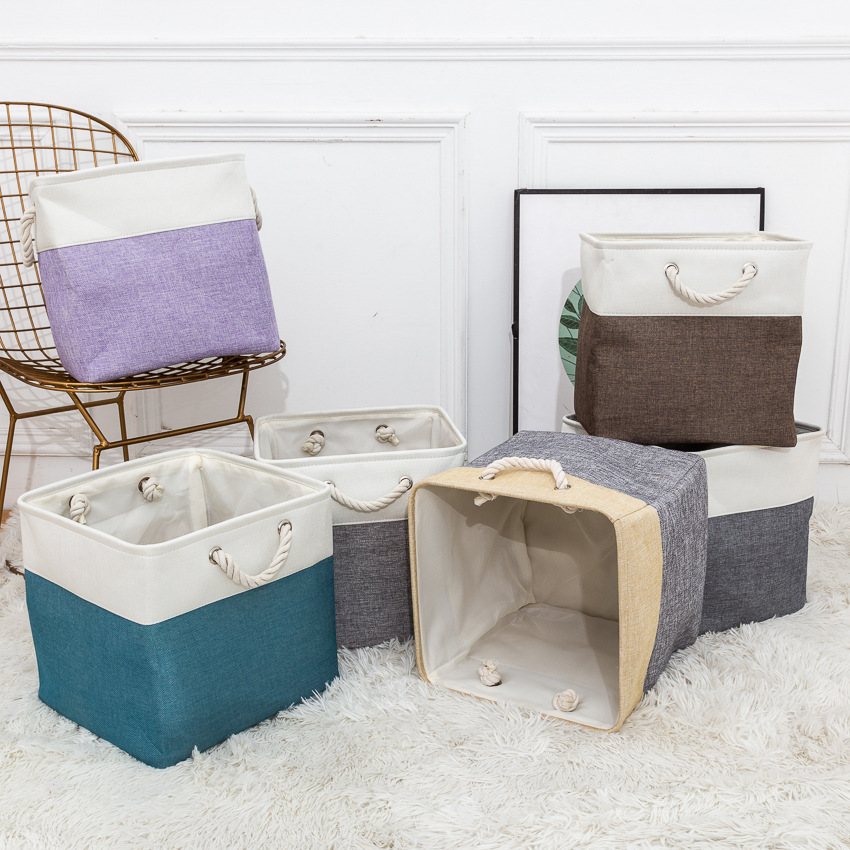 Linen Stitching Foldable Storage Box with Cotton String Handle Toy Storage Basket Daily Necessities Storage Basket