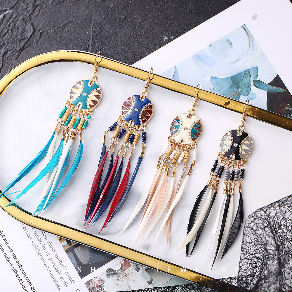 Creative round Boho Two-Tone Long Feather Earrings Bead Stud Earrings Tassel Earrings Female Accessories