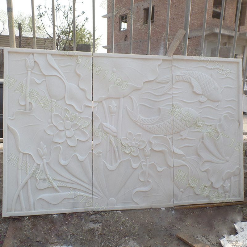 大理石雕浮雕 壁画背景墙 厂家定制石材照壁 花开富贵影壁墙