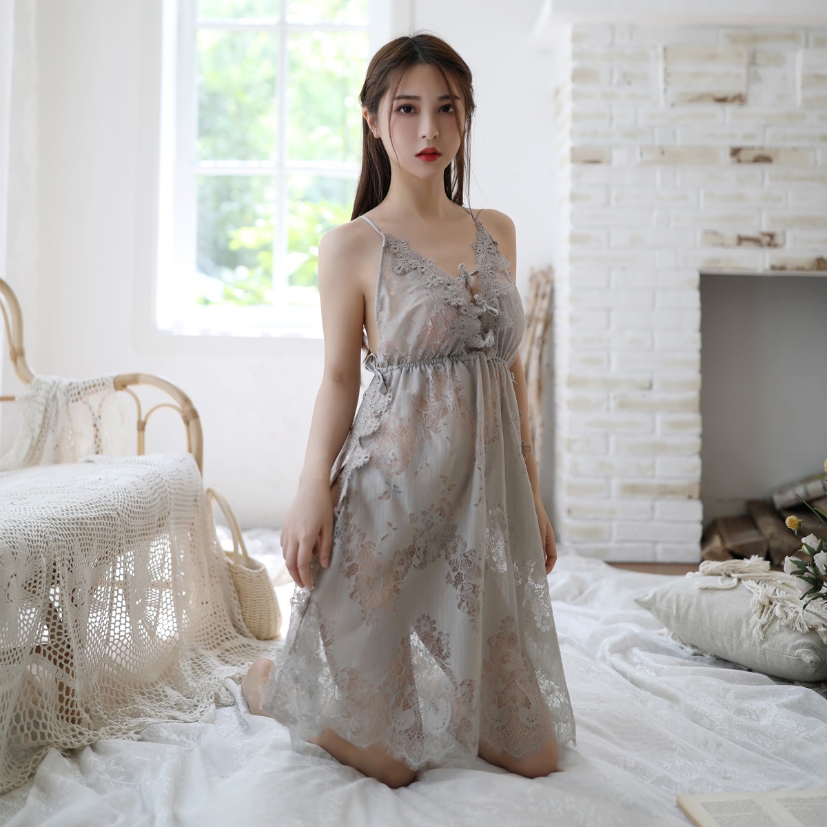 蕾丝吊带性感居家诱惑睡衣火辣短裙透明睡裙情趣内衣套装一件代发