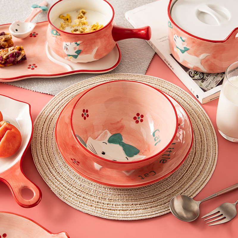 Japanese Cartoon Pink Cat Cute Bowl Single Household Ceramic Tableware Rice Bowl Noodle Bowl Dish Rectangular Fish Dish