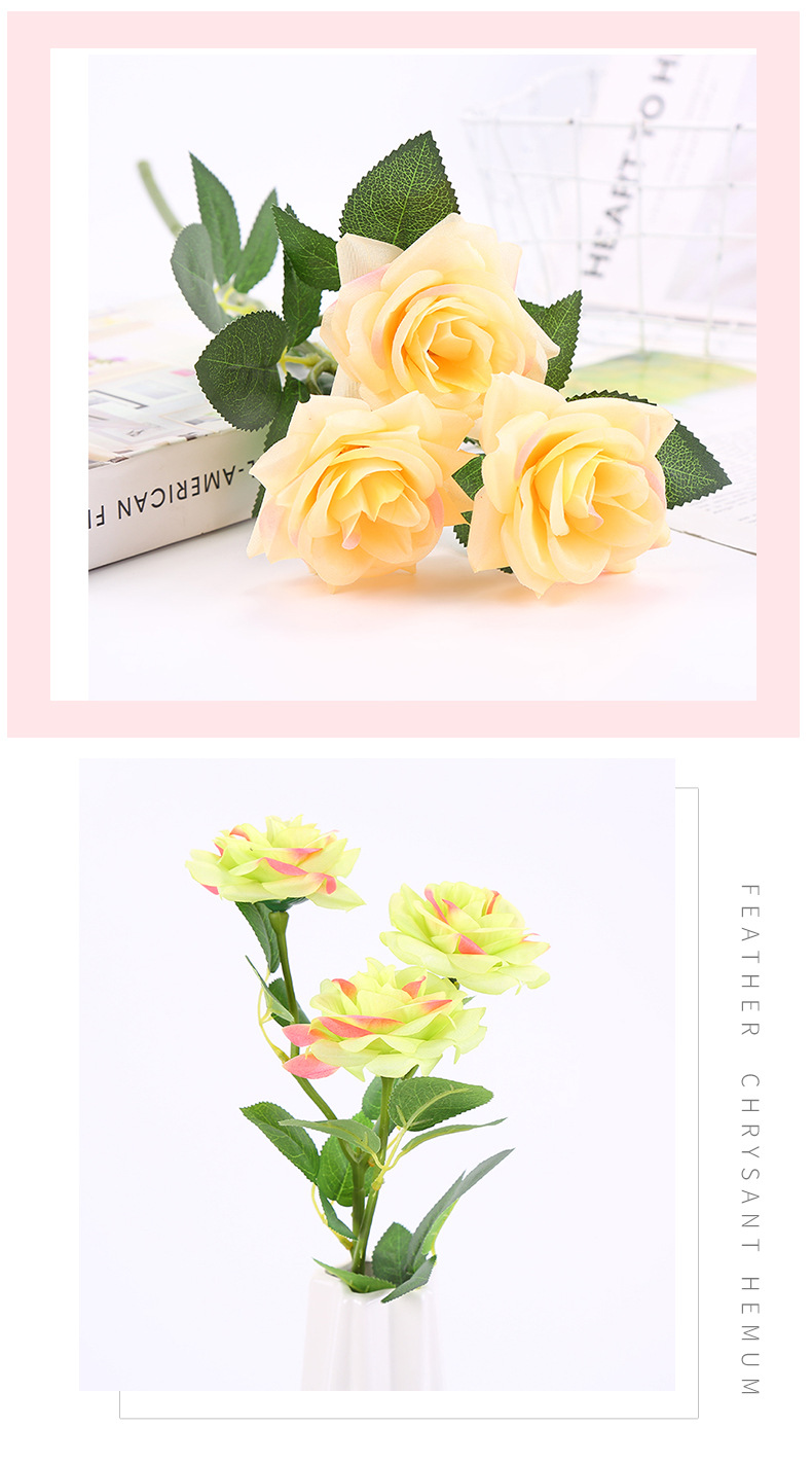 仿真三支卷边玫瑰花家居装饰新款假花仿真花花店玫热卖瑰花婚庆