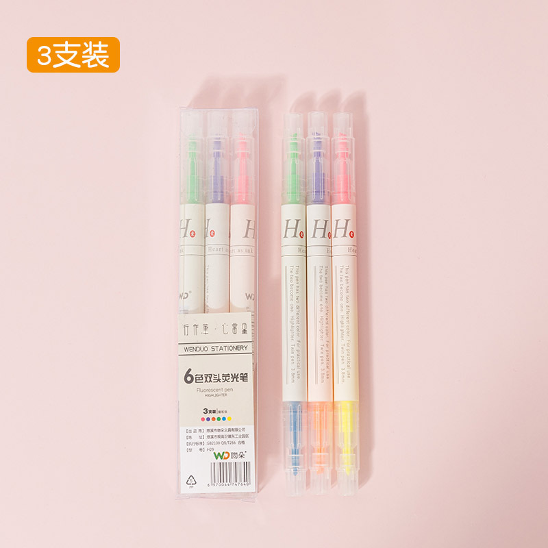 South Korea Creative Double-Headed Two-Color Fluorescent Pen 6-Piece Student Key Sentence Marking Pen Color Oblique Head Marker