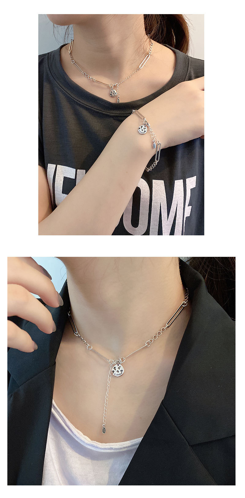 日韩版s925纯银项链女黑洞洞骨牌轻奢小众锁骨链七夕情人节礼物