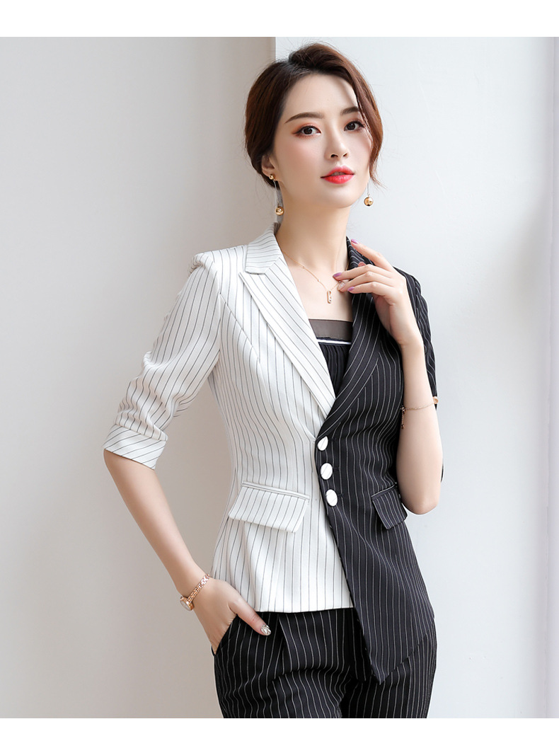 职业装西装套装女时尚气质个性条纹中袖西服职业套装春款2020正装