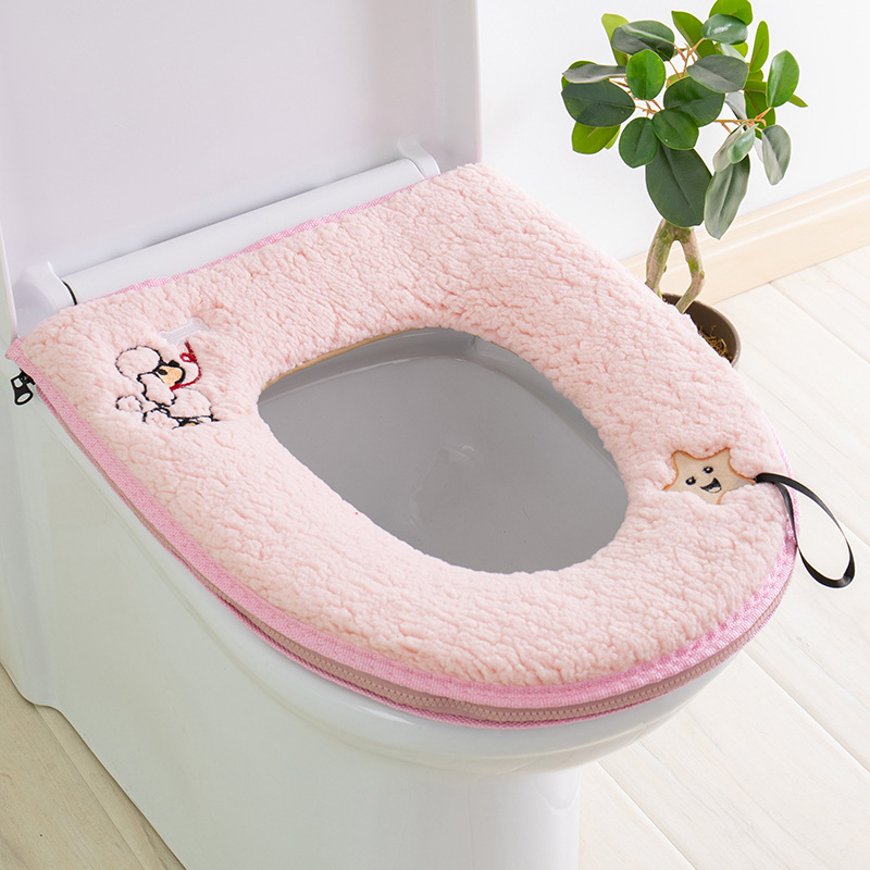 New Wool Lamb Velvet Toilet Mat with Handle Thickened Toilet Seat Cover Zipper Embroidery Toilet Cushion Seat Cushion Cotton Velvet