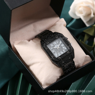新款跨境奢华时尚手表嘻哈说唱男款满钻日历合金钢带方形石英腕表