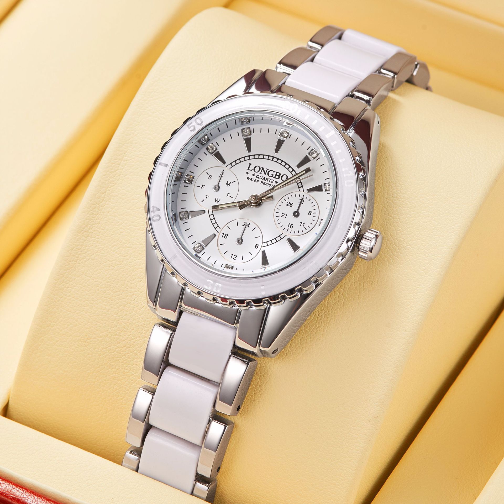 longbo/龙波 三眼陶瓷钢带手表防水夜光女士石英表 80303