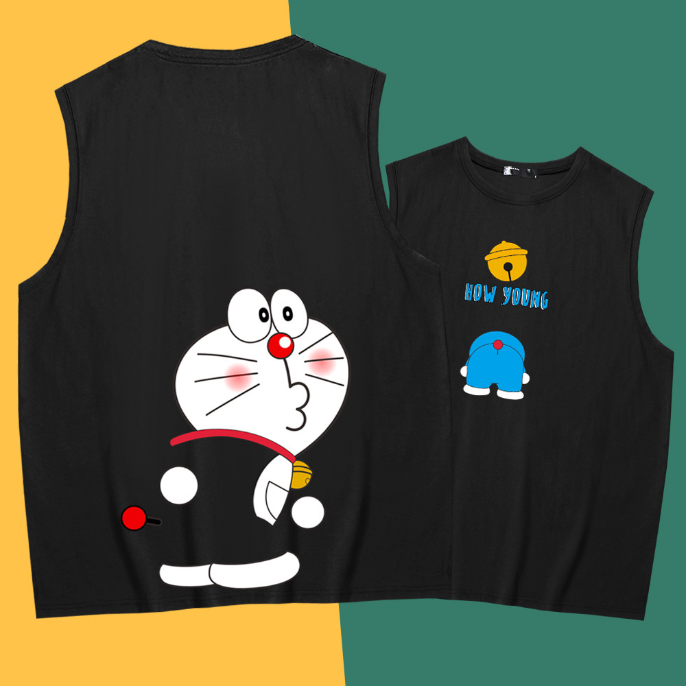 日系卡通坎肩宽松背心夏男女青少年学生潮牌叮当猫纯棉无袖t恤