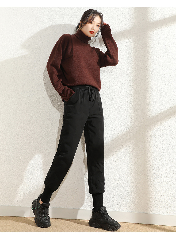 2020冬季潮款韩版休闲裤女羽绒高腰抽绳保暖修身九分哈伦裤28391