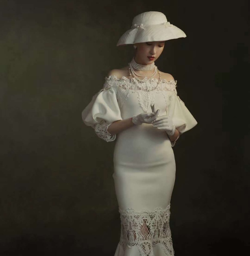 实拍复古中长蕾丝维多利亚摄影写真vintage古董婚纱轻纱礼服民国