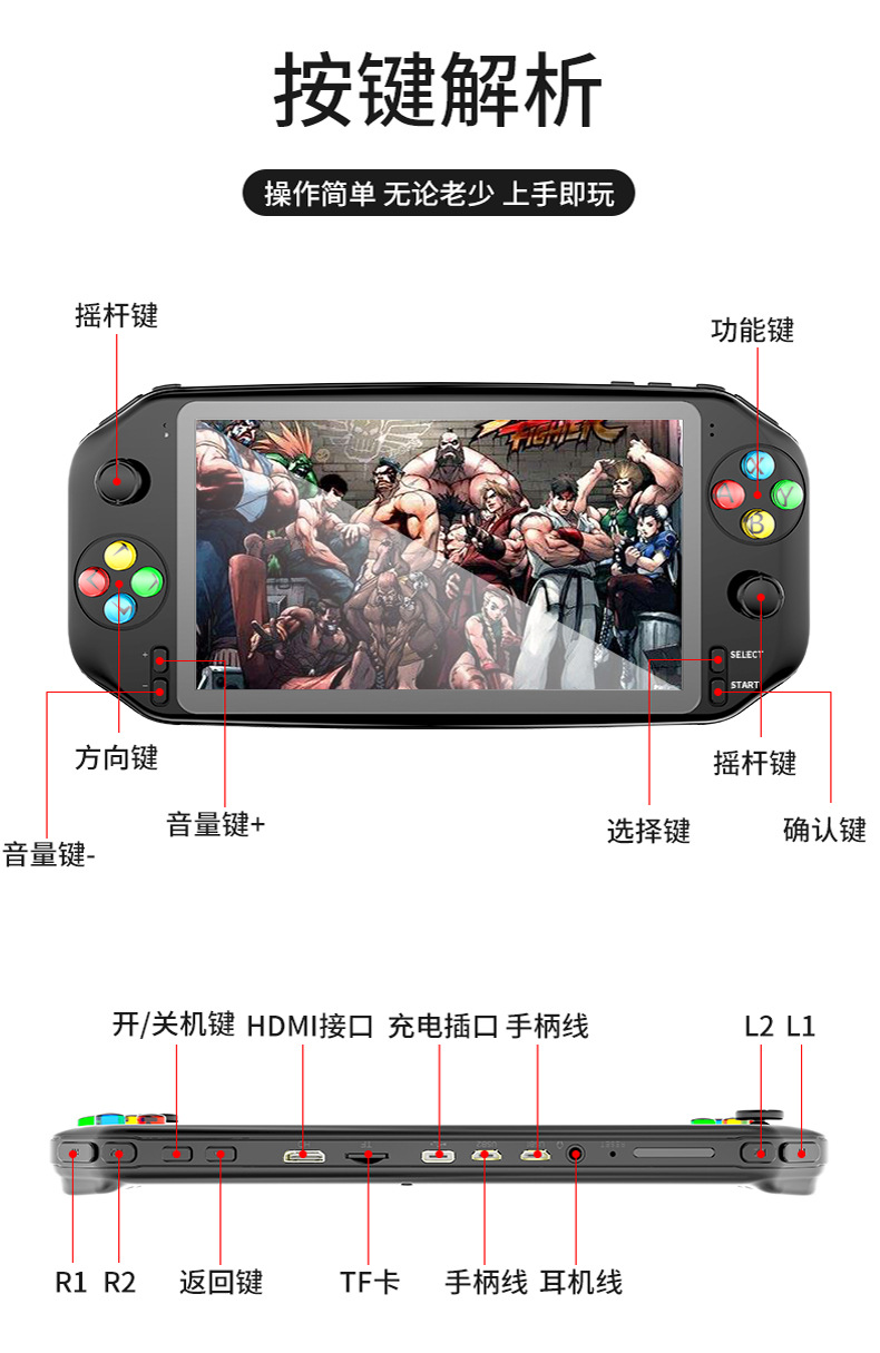 2020年新款7寸双人摇杆复古怀旧款掌上大屏游戏机双人掌上游戏机