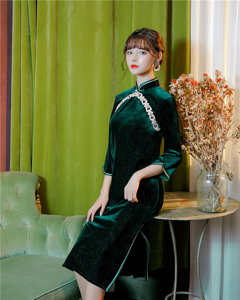 上海旗袍厂gx秋新款钻石绒低开叉旗袍中长九分袖中老年气质大码旗袍