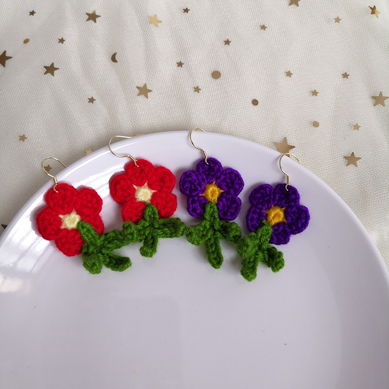 定制自制手作甜美百搭毛线花朵立体钩织撞色小花耳环
