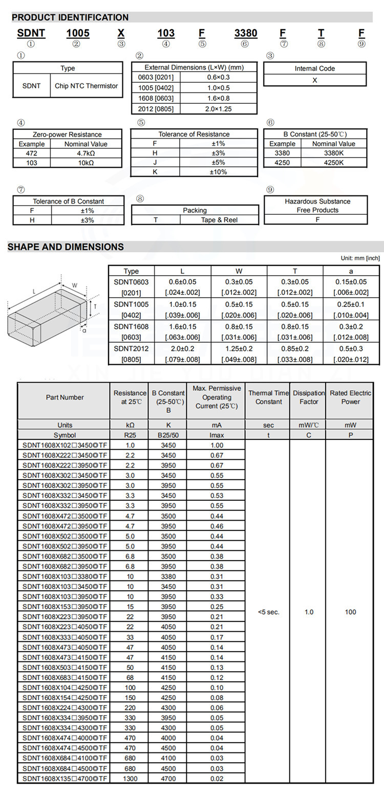 ntc贴片热敏电阻0603 4.7k 472 5% b值3500 sdnt1608x472j3500htf