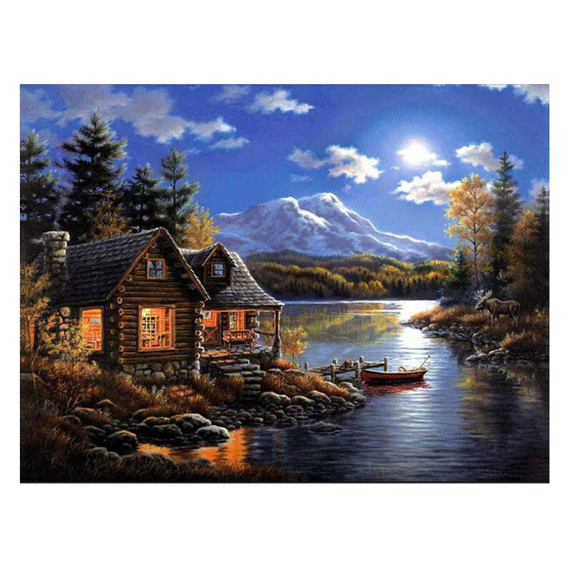 钻石画满钻diy湖边小屋 跨境新款家居装饰画厂家定制直销5d贴钻画