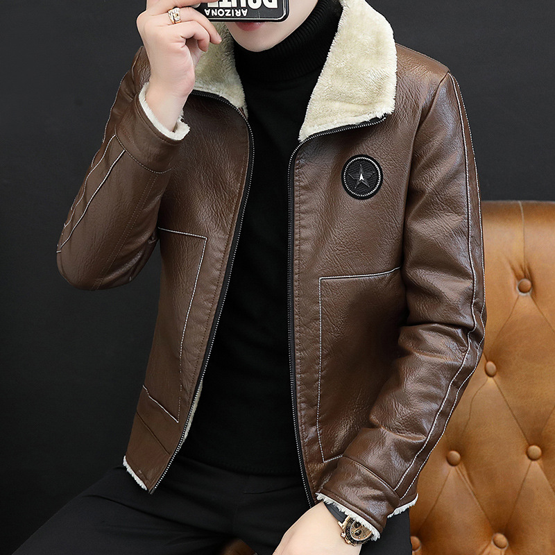 Men's Leather Coat Winter New Korean Style Slim-Fit Trendy Youth Handsome Men's Casual Lapel Fleece-Lined Warm Leather Jacket