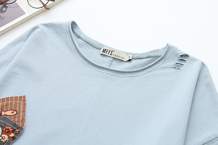 夏胖mm200斤棉布短袖韩版学生装贴布熊绣花大码女装破洞t恤潮9009