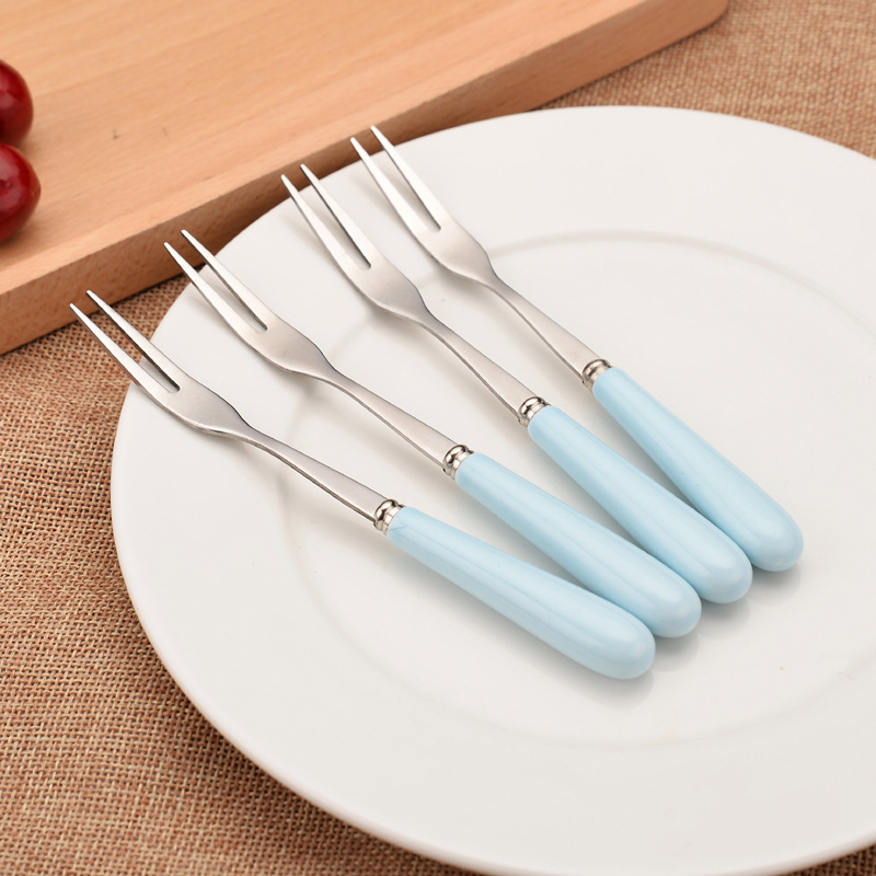 卡通水果叉家用不锈钢月饼小叉水果签可爱陶瓷叉子叉点心叉甜品叉