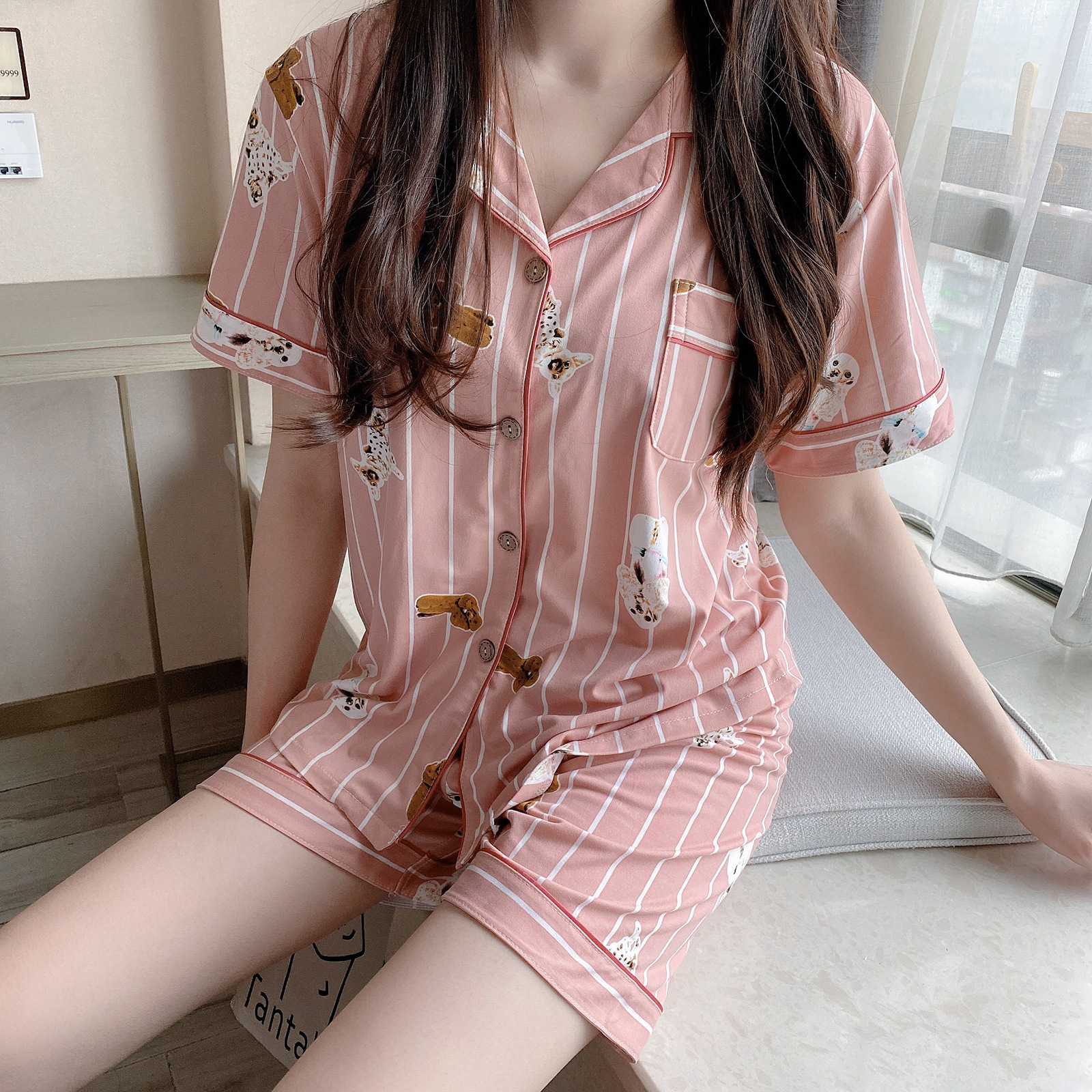 外贸批发夏季开衫短袖短裤女士睡衣套装微商爆款卡通可爱家居服女