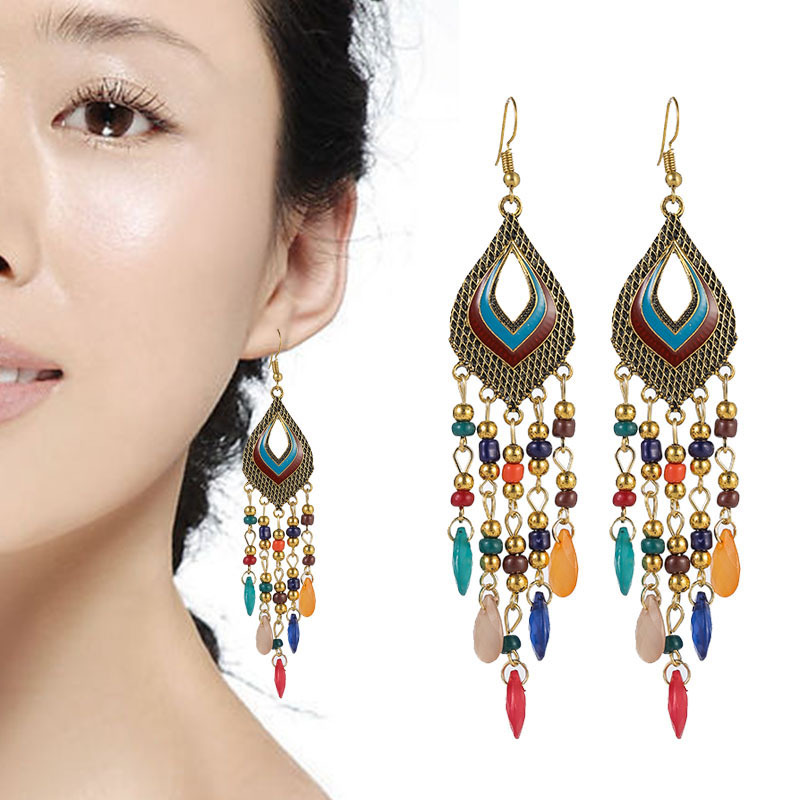 European and American New Hollow Water Drop Trendy Earrings Women's Ethnic Style Beads Earrings Retro Color Travel Holiday Accessories