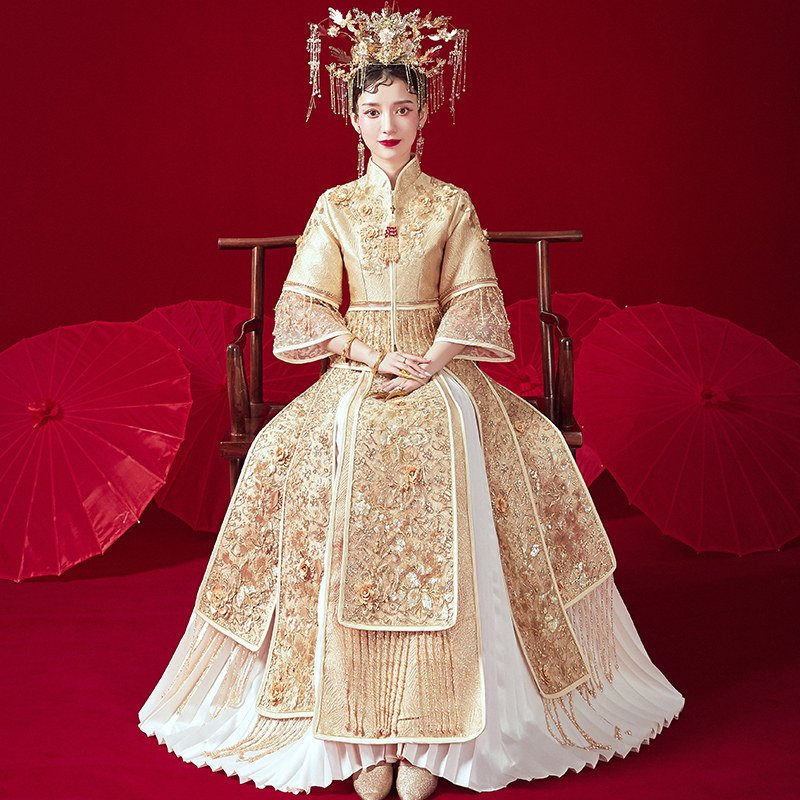 秀禾服新款2022中式敬酒服复古婚纱礼服香槟色龙凤褂新娘出阁服冬