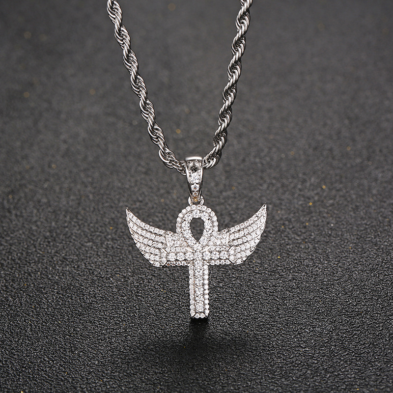 跨境欧美热销微镶锆石天使翅膀十字架吊坠hiphop项链饰品厂家直销