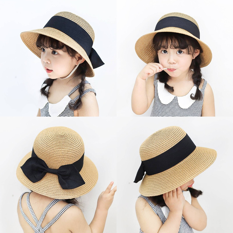 5 Children's Straw Hat 3 Parent-Child 7 Mother-Daughter Spring and Summer Sun-Proof Bucket Hat Summer 2-6-8 Years Old Girl Big Brim Beach Hat Princess