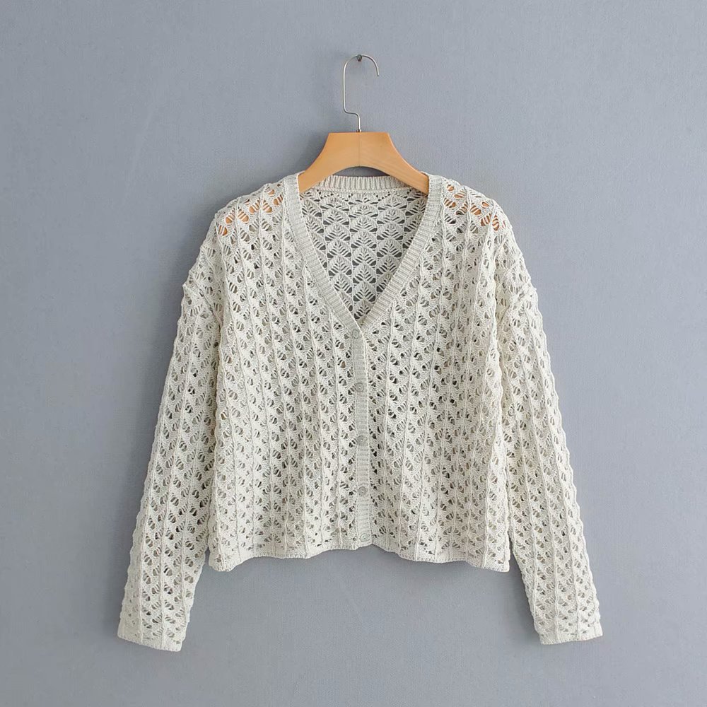 夏针织开衫纯色镂空图片
