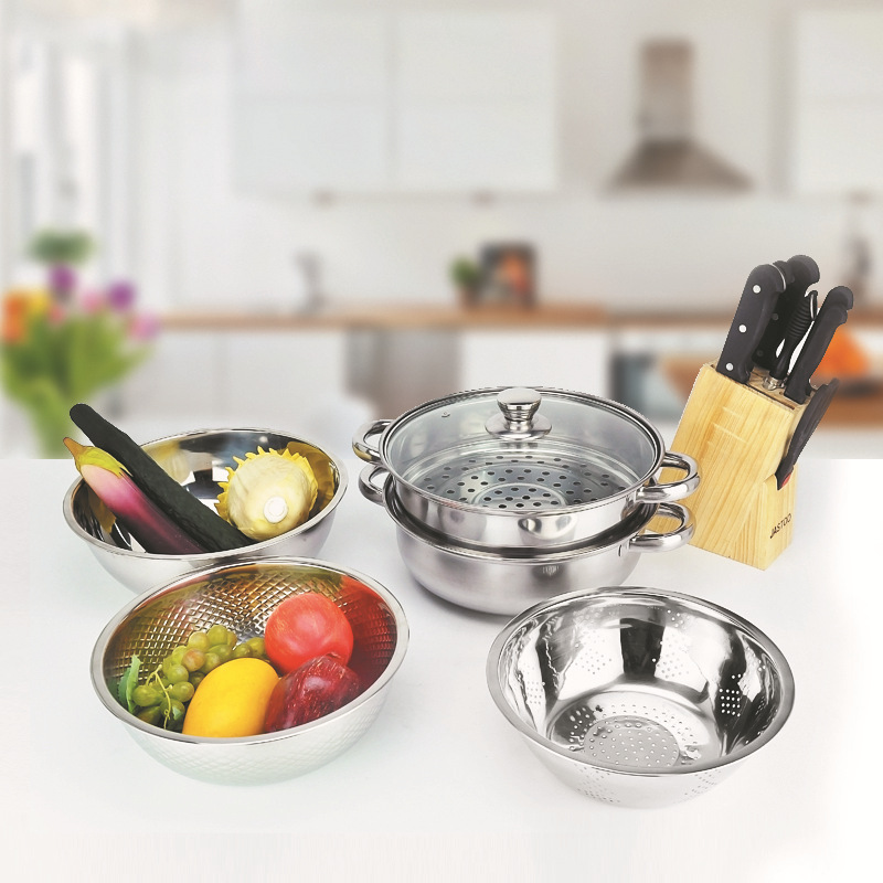 不锈钢汤蒸锅米筛四件套 创意款礼品组合套装 厨房实用米筛汤蒸锅