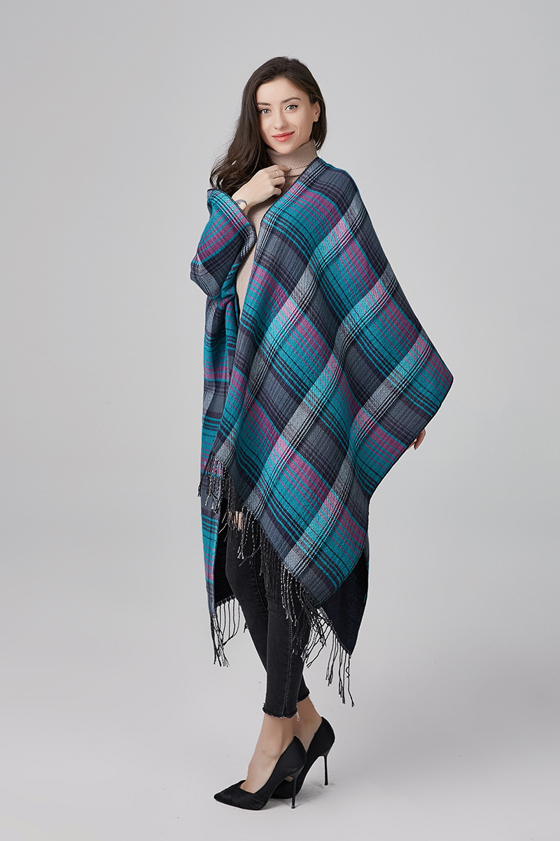 欧美风开叉披肩围巾 晴纶梭织民族格子宽松休闲气质街头斗篷定制