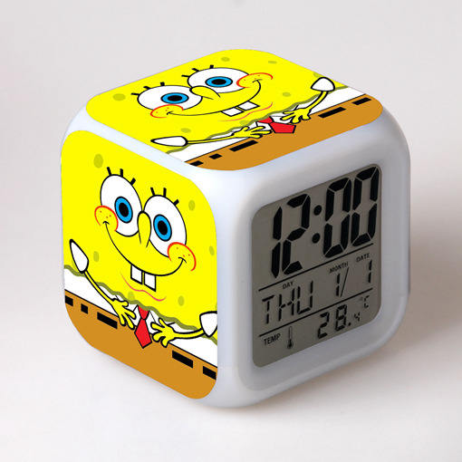 外贸电商货源卡通海绵宝宝闹钟儿童积分换购礼品七彩闹钟四方钟