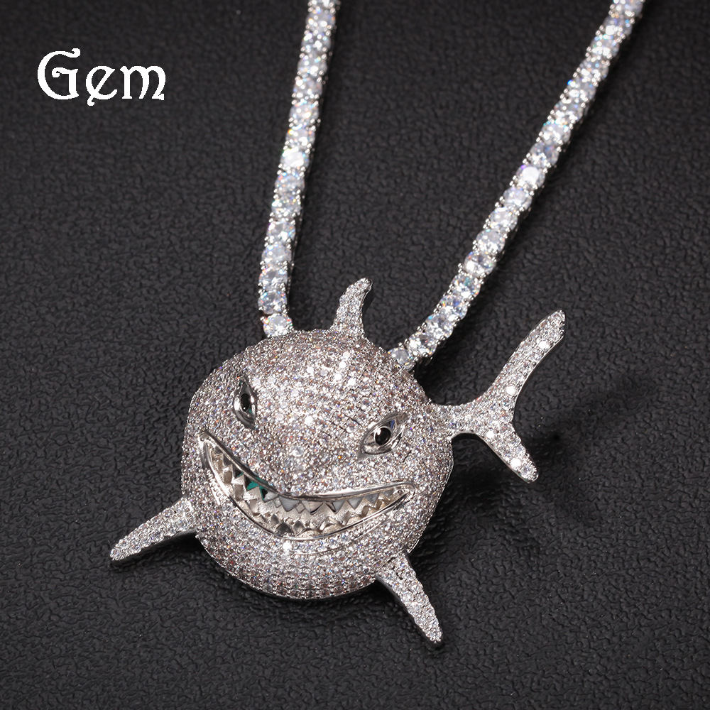 欧美6ix9ine同款锆石鲨鱼吊坠男士嘻哈个性潮牌项链夜店泡吧配饰