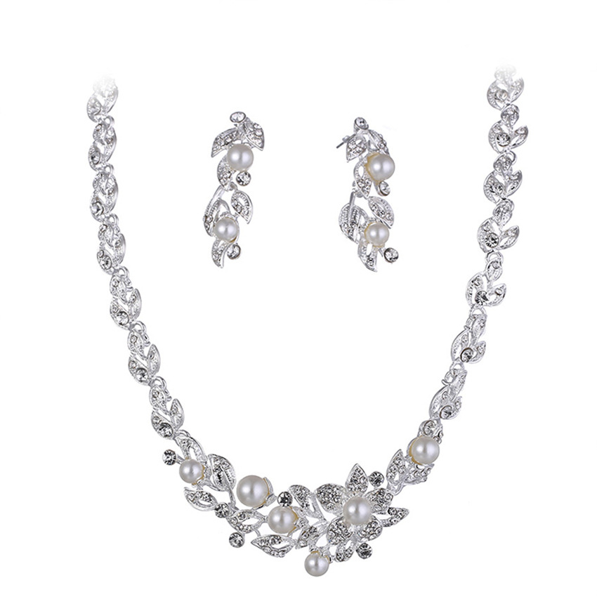 European and American Classic Fashion Popular Necklace Suit Fashion Rhinestone Wedding Bridal Gown Necklace Two-Piece Earrings Set