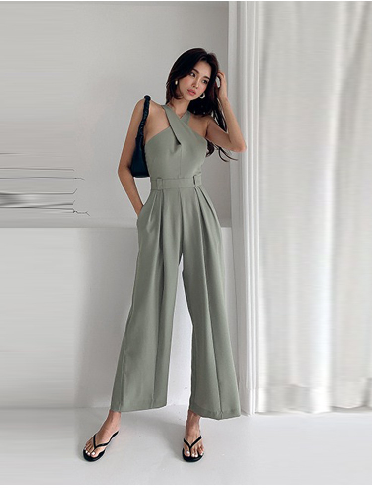 连体裤女2020新款露肩交叉领修身收腰无袖高腰百搭直筒连体裤夏