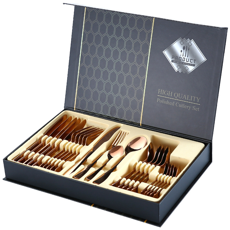 Amazon 24-Piece Tableware Suit Gold Wooden Box Stainless Steel Tableware Knife, Fork and Spoon Four Main Pieces Six-Person Gift Box Rack