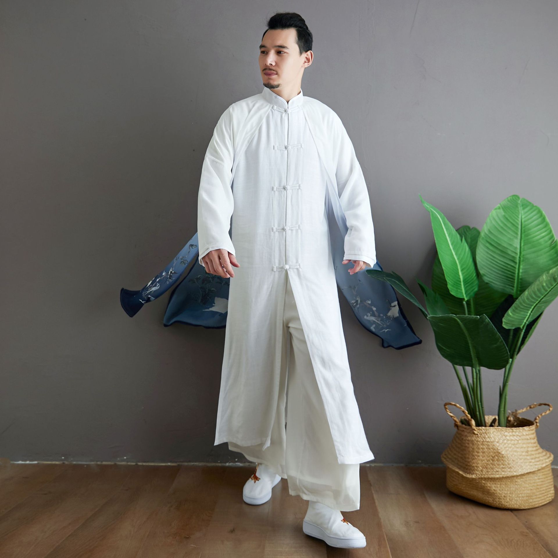 假两件雪纺印花男汉服大褂男唐装男古风长衫男中国风古装男演出服