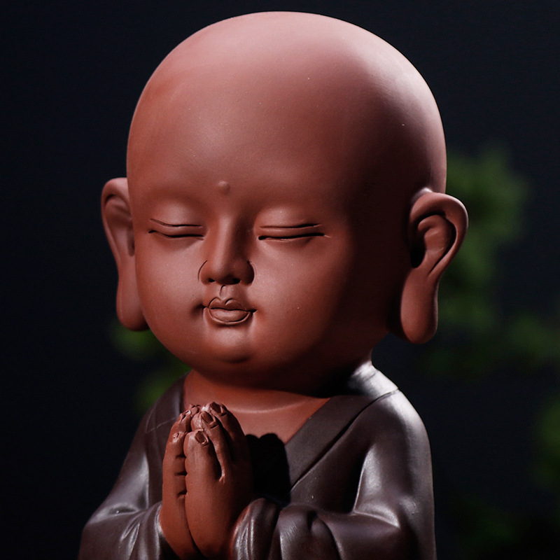 禅意紫砂祈福小和尚家居软装饰品中式玄关客厅佛堂大号小沙弥摆件