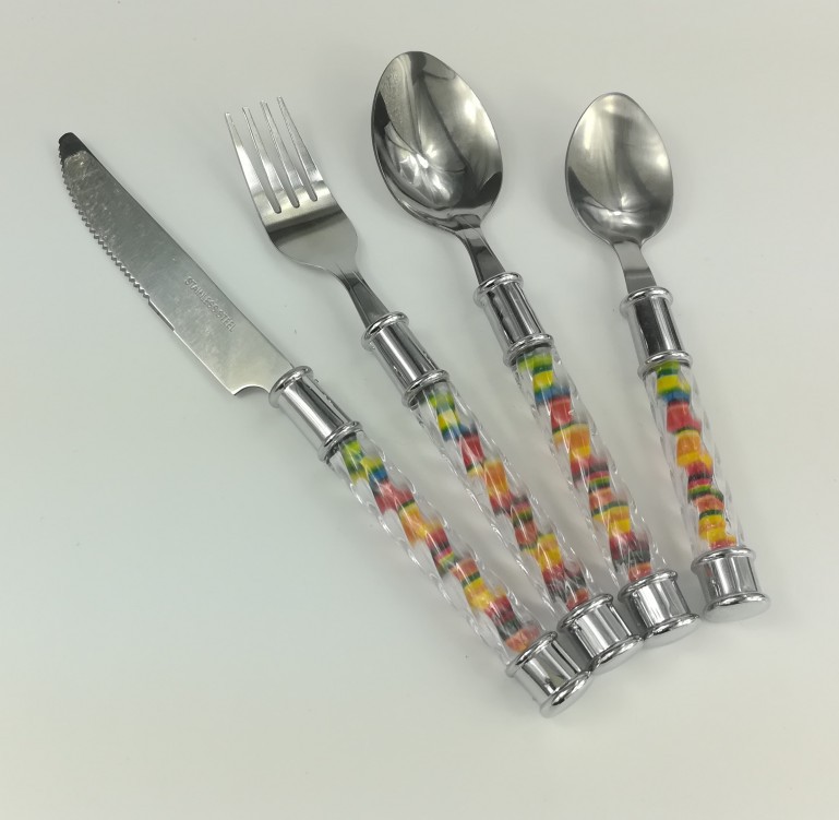 Plastic Handle Tableware Cylindrical Rainbow Handle Table Knife Fork Spoon Tea Spoon Set 6PCs Factory Wholesale