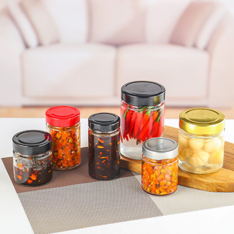 新款圆形辣椒酱瓶 密封罐头瓶高盖酱菜瓶芝麻酱玻璃瓶 防漏蜂蜜瓶