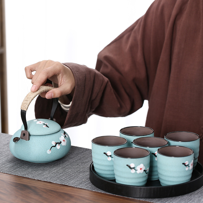 联纵原矿手绘紫砂泥功夫茶具套装家用办公提梁壶一壶六杯杯泡茶器