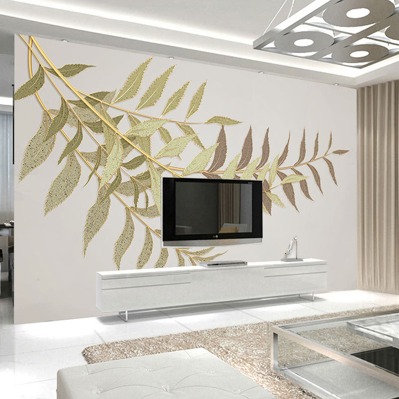 北欧简约电视背景墙壁纸客厅手绘抽象艺术树叶墙纸无缝3d壁画墙布