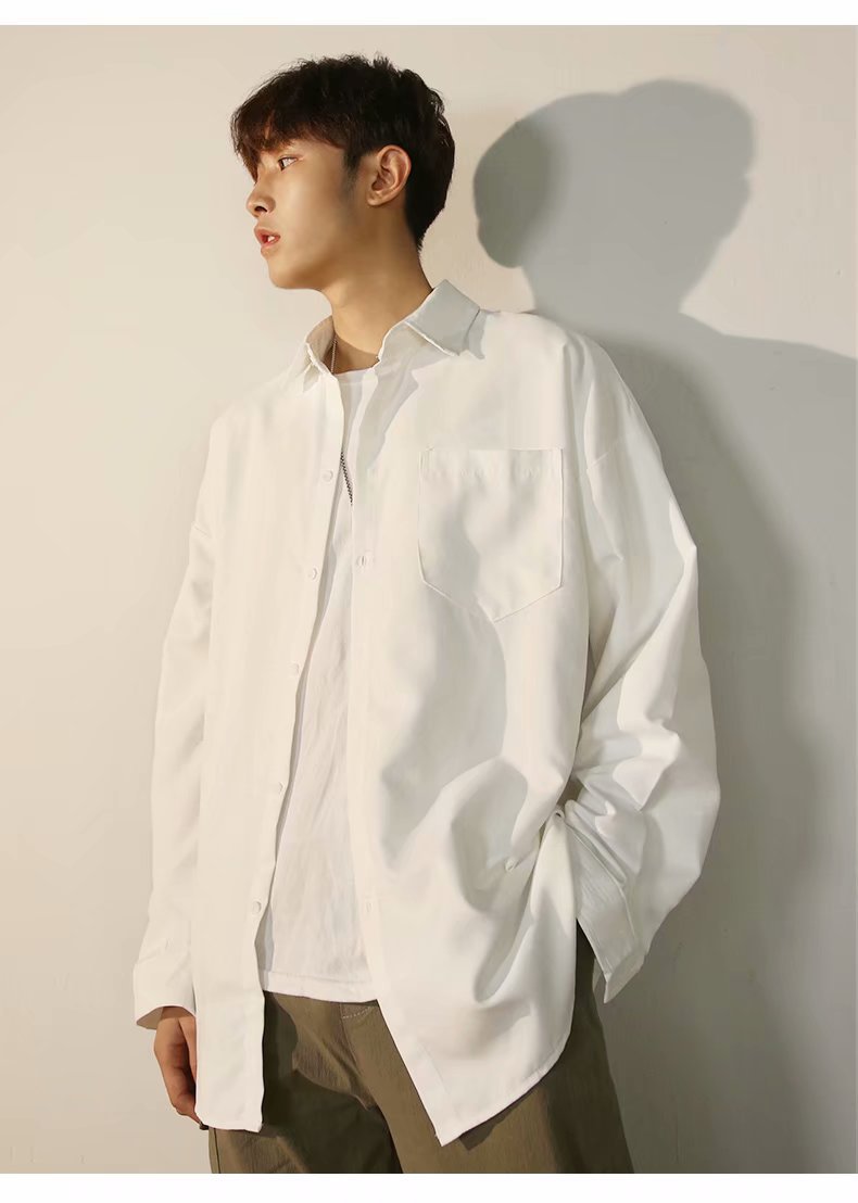 夏季纯色白衬衫男长袖韩版潮流宽松休闲痞帅衬衣港风日系班服外套