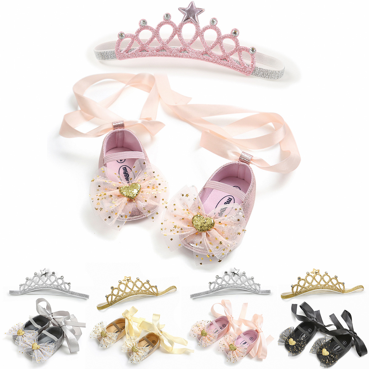 Soft Bottom Toddler Shoes Baby Shoes Princess Shoes Baby's Shoes Headband Headwear 2-Piece Set P32