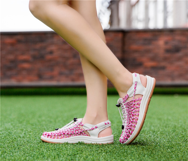 粉红夏季女沙滩鞋户外女士休闲鞋情侣罗马凉鞋包头潮鞋编织女鞋子