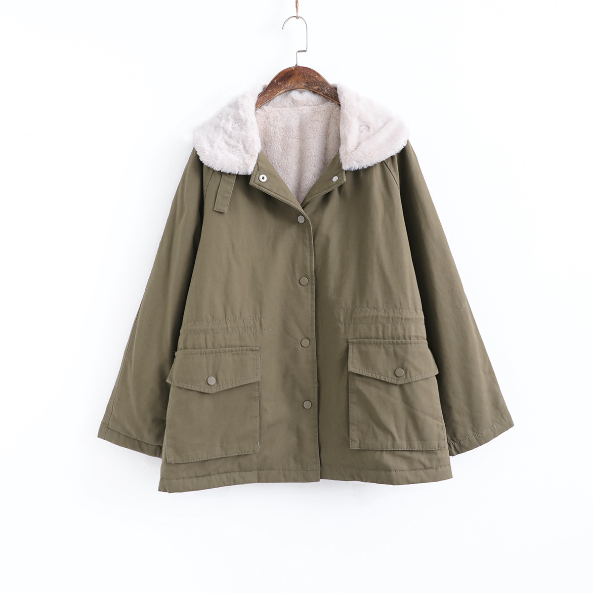 011550时尚翻领内胆厚实兔毛风衣原宿风休闲工装显瘦外套棉服女