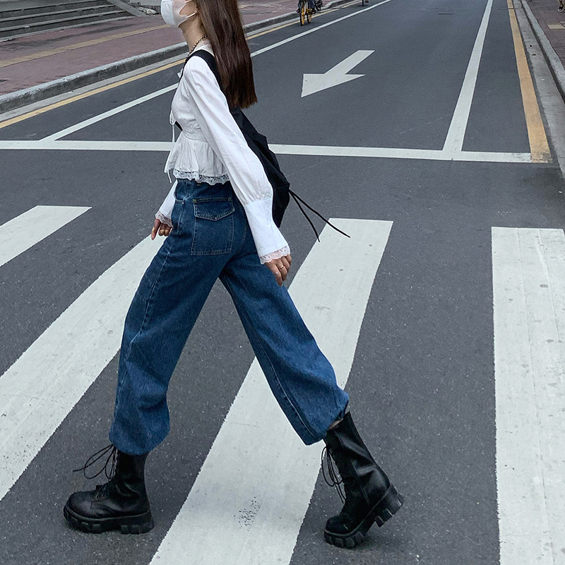 束脚牛仔裤女长裤秋季韩版复古高腰显瘦酷帅九分裤网红灯笼裤裤子