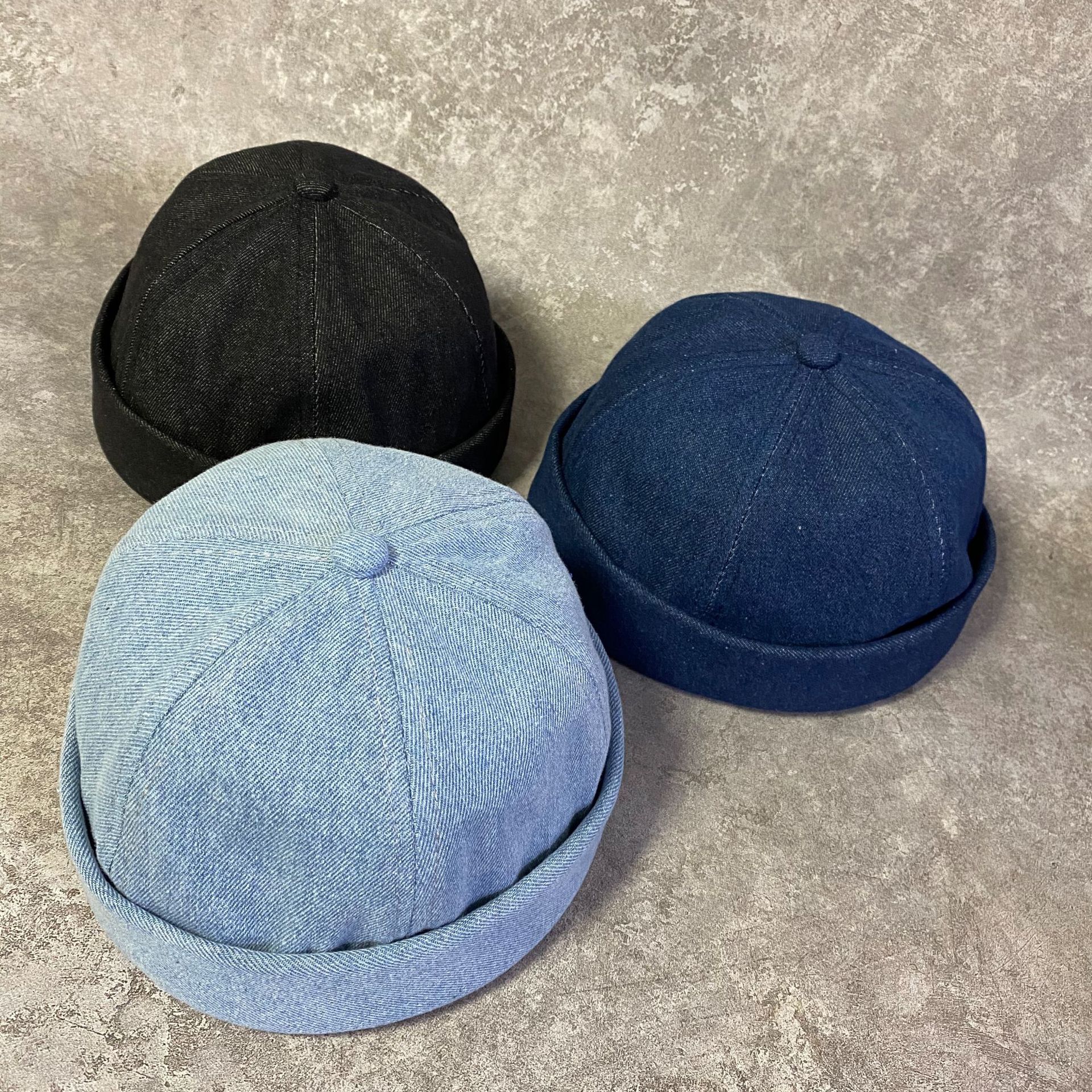 跨境日系牛仔水洗地主帽破洞做旧复古瓜皮帽无檐帽新款帽子 秋冬