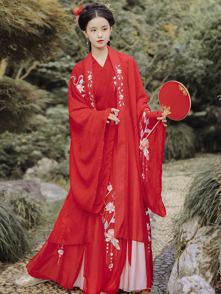 凤求凰印花汉服女夏季仙气古装中国风交领广袖仙气襦裙红色6米摆