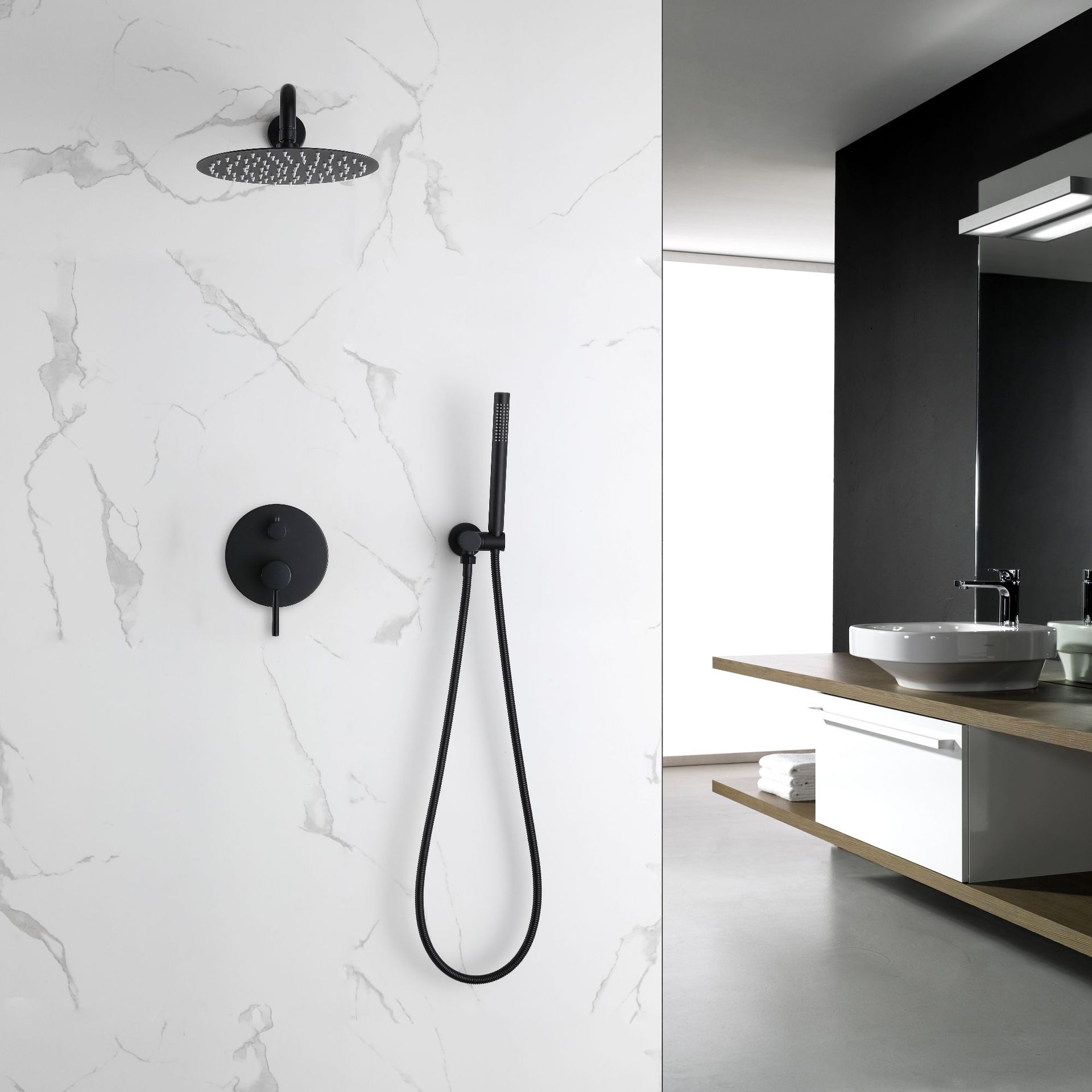 黑色暗装淋浴花洒入墙式淋浴龙头冷热雨淋花洒套装淋浴混水龙头